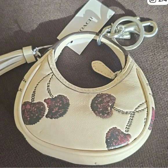 Coach CDB52 Mini Carmen Bag Charm with Cherry Print Silver Chalk Multi Leather - Picture 2 of 4